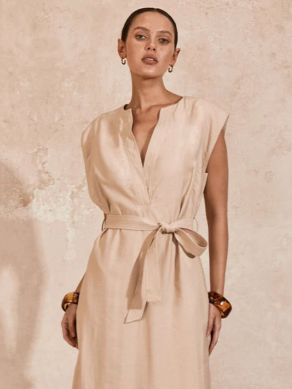 Mon Renn Beige Modern Midi Dress